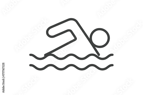 Swimming person icon, thin line vector symbol. Swimmer doing front crawl in water. For beach, summer, holiday, fitness, sea, ocean, recreation and water activity concepts.