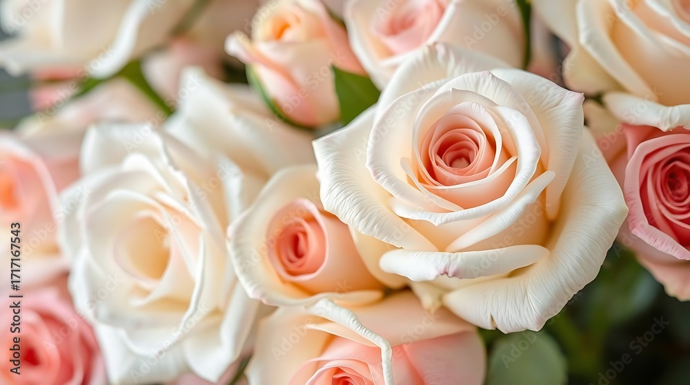 Obraz premium close up of white and pink roses in a bouquet, selective focus