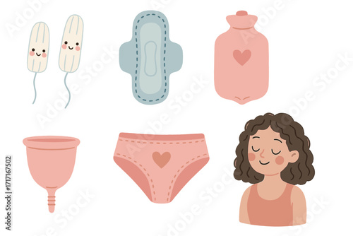 Cute hand-drawn menstrual hygiene products set including tampons, sanitary pad, reusable cloth pad, hot water bottle, menstrual cup, feminine panties, and calm woman illustration, health care concept