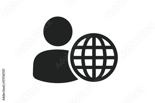 Person and web globe icon. Vector graphic for international connection, global user profile, social network, internet connectivity, personal website, world wide web symbol.