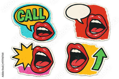 Y2K pop art style comic lips calling and yelling out loud. Mouth shouting set with speech bubble and lettering stickers. Halftone collage paper pieces for call to action concept.