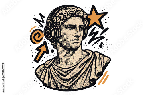 Antique statue with headphones. Modern street art graffiti style. Classic greek sculpture listening to music. T-shirt print design. Urban pop art vector with halftone effect.