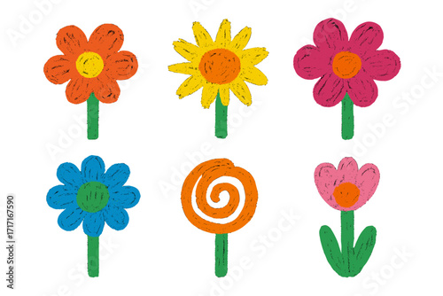 Childrens crayon drawing of abstract flowers. Hand drawn vector set with chalk texture. Naive and childish style organic floral shapes isolated. Cute doodle collection.