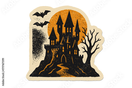 Halloween sinister castle. Vintage collage paper sticker. Dracula haunted house. Spooky 90s zine illustration. Retro halftone with bats, moon, and dead tree. Horror vector.