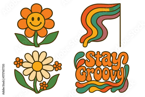 Set of groovy hippie 70s stickers. Retro psychedelic elements with funny flower power smiley face, daisy, and rainbow flag. Stay Groovy slogan. Vintage vector cartoon pack.