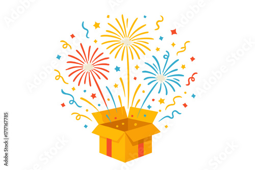 Enter to win prize box icon. Giveaway gift explosion with fireworks and confetti. Open surprise box for contest winner. Reward celebration graphic. Vector lottery bonus design.