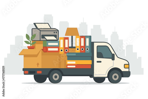 Corporate moving to a new office. Business relocation concept. Delivery truck carrying office equipment, printer, folders, and cardboard boxes against a city skyline.