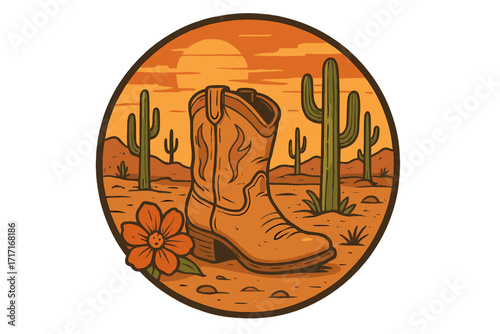 Western vintage round emblem with a cowgirl boot in a desert landscape at sunset. Retro 60s style vector with saguaro cactus and flower. Wild west country concept for t-shirt.
