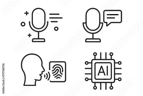 Speech and voice recognition icon set. Advanced voice technology concept. Thin line vector illustration of voice control, text-to-speech, and AI assistant biometrics.