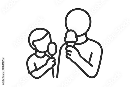 Father and child eating ice cream icon. Thin line vector illustration for summer dessert, family bonding, childhood joy, frozen sweets, and happy leisure moments.