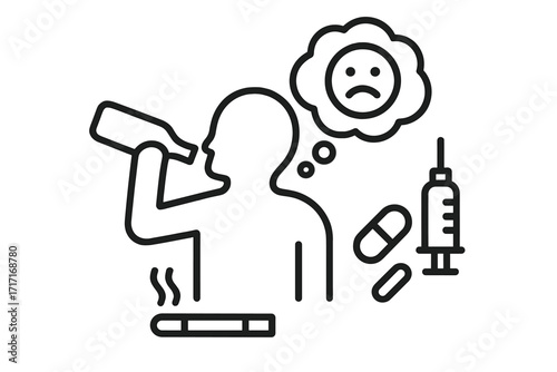 Substance abuse and addiction line icon. Unhealthy habits, mental health risk. Person consuming alcohol, drugs, smoking. Alcoholism, dependency, depression vector concept.