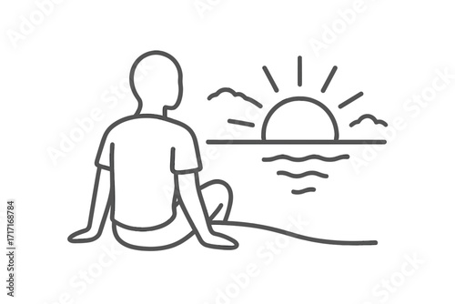 Person watching sunrise by the sea. Line art icon for mindfulness, meditation, and calm. Peaceful beach and ocean sunset view for mental health and relaxation concept.