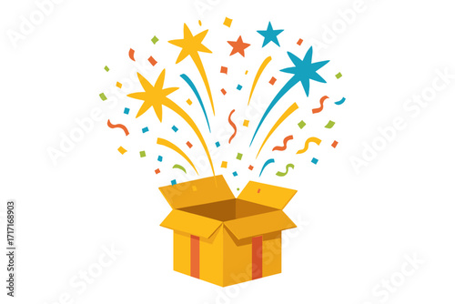 Prize box exploding with fireworks and confetti. Enter to win contest design. Surprise gift illustration for giveaway or promotion. Winner announcement graphic. Special offer.