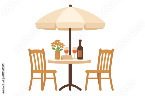 Reserved table for two at an outdoor cafe. Romantic date setting with wine and flowers under a parasol. Flat vector illustration of a restaurant terrace scene.
