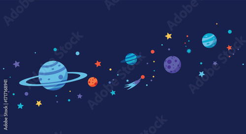Colorful planets stars and a comet drifting through deep space