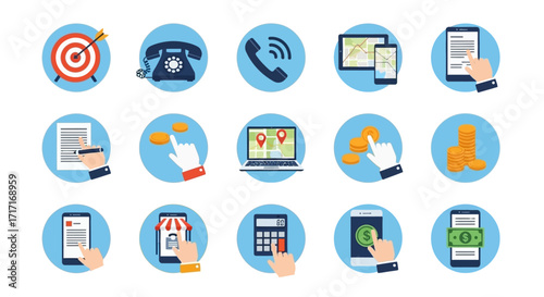 Vector Icons Set of Flat design vector icon set for business technology and communication concepts like mobile payment online shopping and GPS navigation. EPS Editable