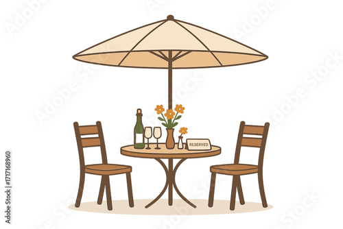 Reserved table in a park cafe under a parasol. Flat vector illustration of a romantic date setting with wine, glasses, and flowers. Outdoor restaurant dining concept.