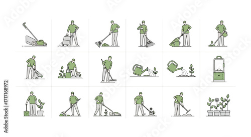 Vector Icons Set of Gardener at Work Line Art Icon Set for Landscaping and Farming. EPS Editable