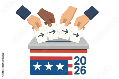 USA 2026 midterm election vector concept. Diverse hands putting vote ballots into the ballot box. American democracy, freedom of choice, and political participation illustration.