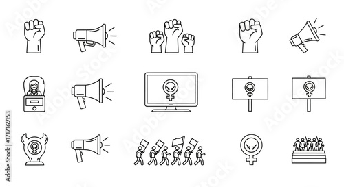 Vector Icons Set of Hand Drawn Alien Feminist Protest Activism Icon Set Doodle Style. EPS Editable