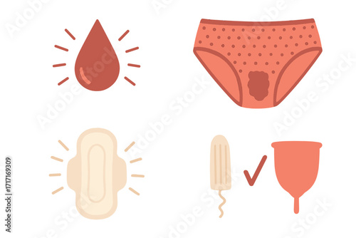 Female Menstruation Concept Set. Menstrual Blood Drop, Stained Panties, Sanitary Pad, Tampon and Reusable Menstrual Cup. Feminine Hygiene, Period Care Vector Illustration