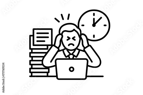 Vector icon of work overload, burnout, and stress. Frustrated man at desk under pressure from deadlines. Concept for business anxiety, fatigue, and mental health. Editable stroke.