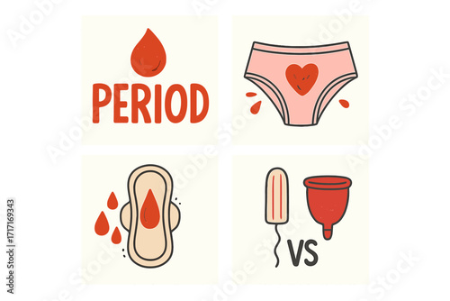 Set of hand-drawn flat vector square cards about female period, menstrual blood drops, pink panties with heart, sanitary pad, tampon versus reusable menstrual cup comparison, feminine hygiene