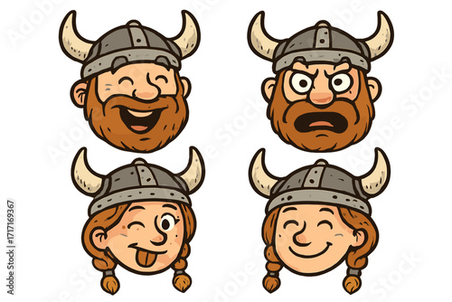 Set of Viking funny faces with helmets, hand-drawn cartoon heads collection, male and female emotions expression, vector illustration on white background, stickers, icons, avatars