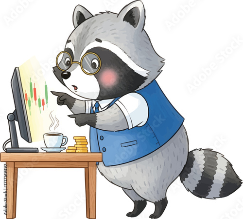 Cartoon raccoon in vest and glasses analyzing stock market data on a computer.