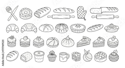 Vector Icons Set of Hand drawn collection of bakery items and baking tools illustration set. EPS Editable