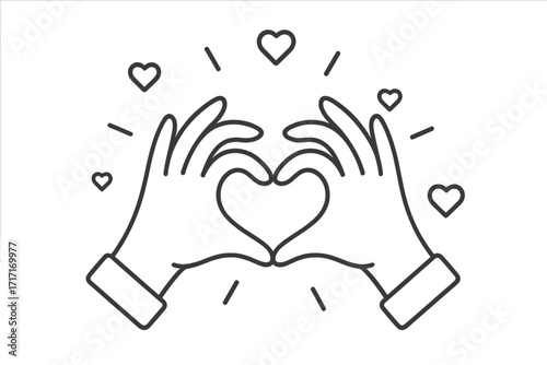 Two hands making heart shape with fingers, thin line vector icon illustration spreading love, symbol of friendship, valentine, volunteering, positive emotions and care