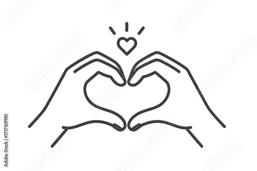 Two hands forming a heart shape with fingers, vector thin line icon, spreading love concept, valentine symbol, friendship gesture, volunteering and positive connection illustration