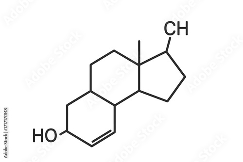 Vector thin line icon of Dihydrotestosterone molecular structure, chemical formula of DHT hormone, steroid molecule illustration, transparent background, health and science concept