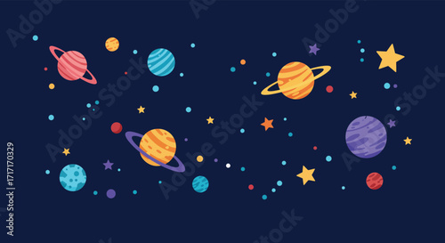 Colorful planets stars and celestial bodies against a dark blue background