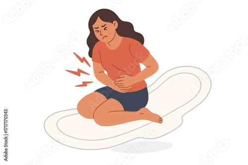 Woman struggling with severe abdominal pain and stomachache during menstruation, sitting on large sanitary pad, hand-drawn menstruation and premenstrual syndrome concept, heavy period discomfort