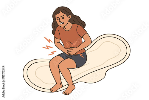 Woman struggling with strong abdominal and stomach pain during menstrual period, sitting on a large pad, hand-drawn menstruation concept, premenstrual syndrome, heavy flow, menstrual cramps