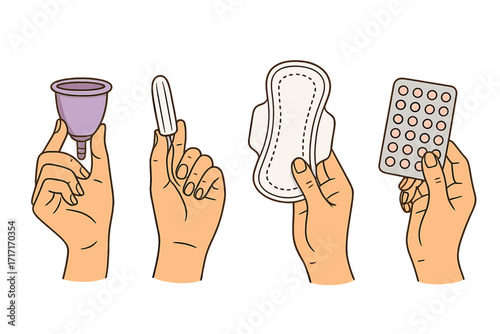 Women Hands Holding Menstrual Cup, Tampon, Period Pads and Birth Control Pills, Feminine Hygiene Products, Menstruation Care, Female Health, Vector Cartoon Illustration