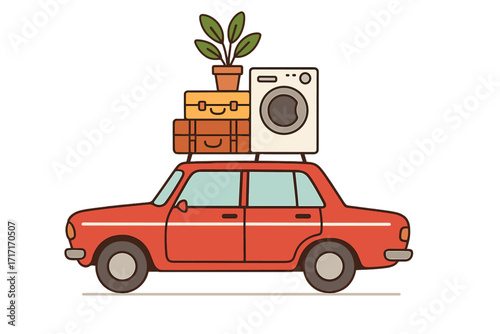 Moving concept with red vintage car carrying suitcases, washing machine, and potted plant on roof, flat vector illustration, side view, relocation, travel, household move