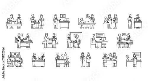 Vector Icons Set of Hand Drawn Medical and Healthcare Scenes Icon Set with Doctors and Patients. EPS Editable