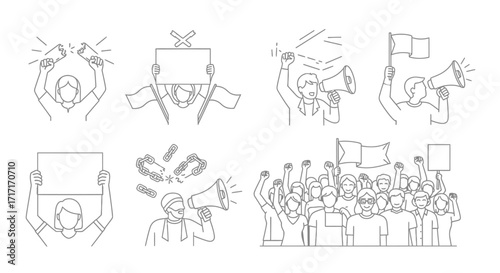 Vector Icons Set of Hand drawn protest and demonstration line art illustration set. EPS Editable