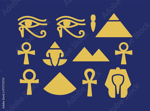 Golden egyptian symbols pyramids ankh eyes of horus hieroglyphs pharaohs on blue and white