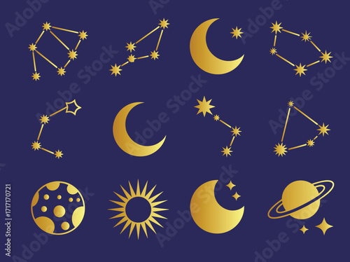 Cosmic celestial constellations moon sun planets and stars golden astrology icons set