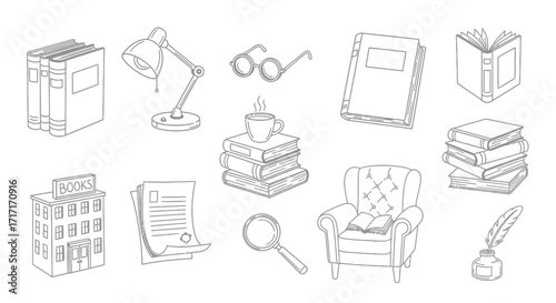 Vector Icons Set of Hand drawn sketch collection of books and reading accessories. EPS Editable