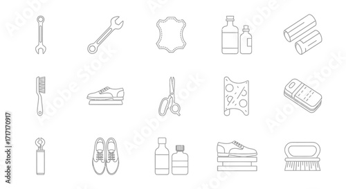 Vector Icons Set of Hand Drawn Shoe Care and Cobbler Tools Icon Collection. EPS Editable