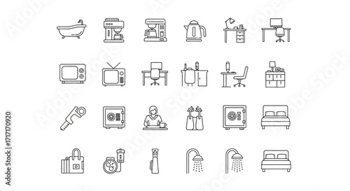 Vector Icons Set of Hand drawn sketch icon set of home and hotel amenities. EPS Editable
