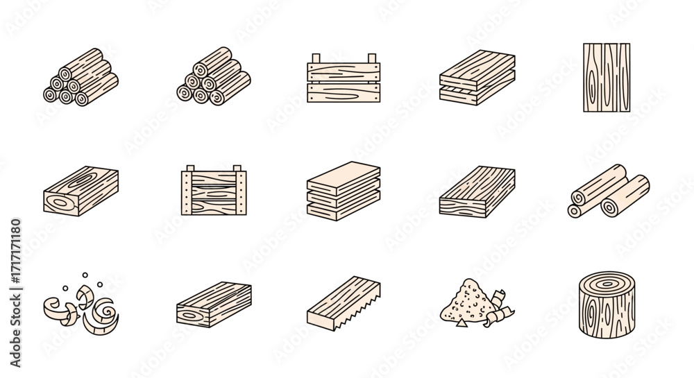 Fototapeta premium Vector Icons Set of Hand drawn wood logs planks and firewood icon set collection. EPS Editable