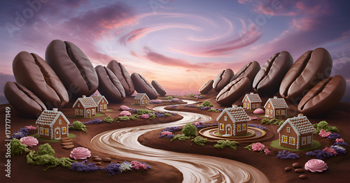 Whimsical Landscape of Giant Coffee Beans and Gingerbread Houses