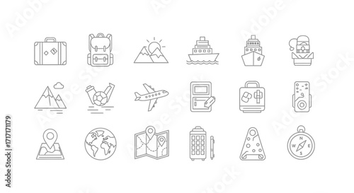 Vector Icons Set of Hand Drawn Travel and Vacation Line Icon Set Collection 1. EPS Editable