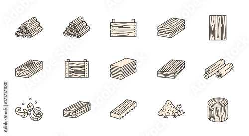 Vector Icons Set of Hand drawn wood logs planks and firewood icon set collection. EPS Editable