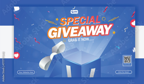 Special giveaway banner template with gift box on blue background design